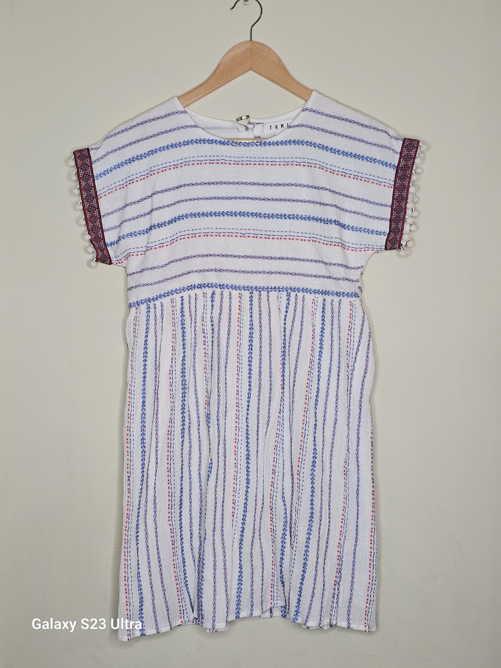 THML White Dress with Blue & Burgundy Stripes